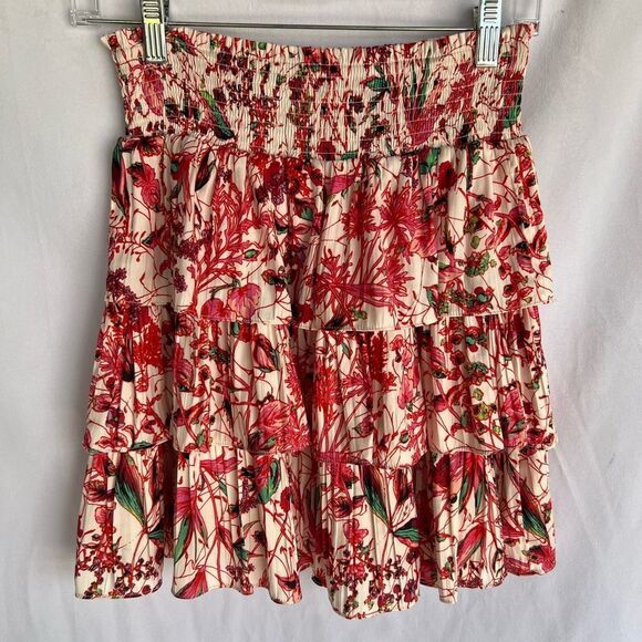 Anthropologie Pink & Green Floral Tired Mini Skirt  Size Small - Picture 2 of 8